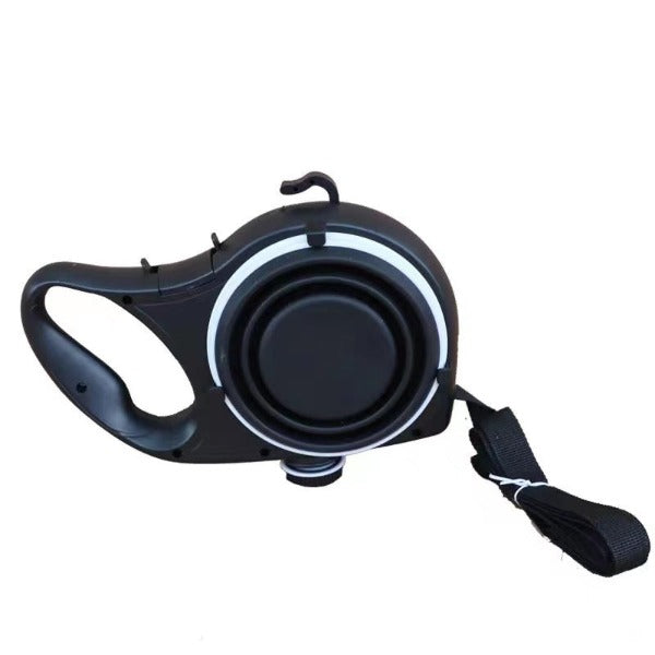 Black- All-in-One Dog Leash with Water Holder, Bowl, and Waste Bag Holder