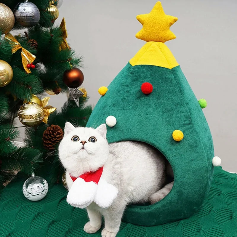 Christmas Cat Bed - Plush Festive House for Holiday Comfort