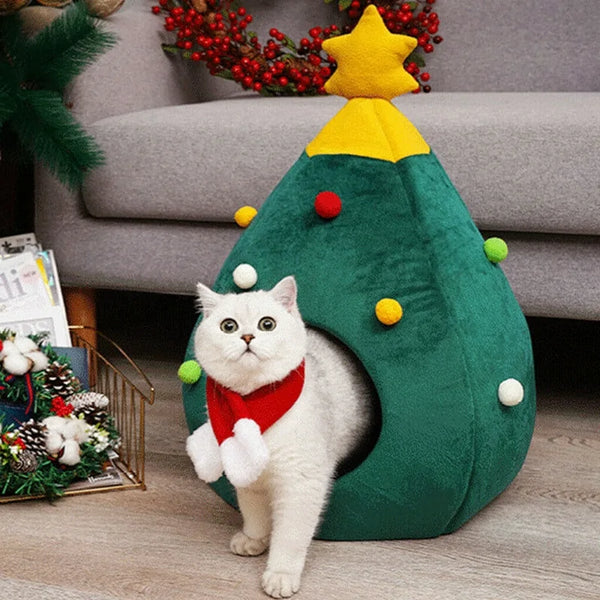 Christmas Cat Bed - Plush Festive House for Holiday Comfort