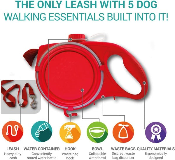 All-in-One Dog Leash with Water Holder, Bowl, and Waste Bag Holder - PawsMartOnline