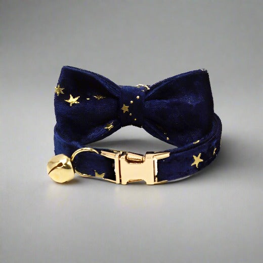 Kitten Bow Tie Collar - Soft Velvet Elegance for Your Feline Friend - PawsMartOnline Blue Star / Large