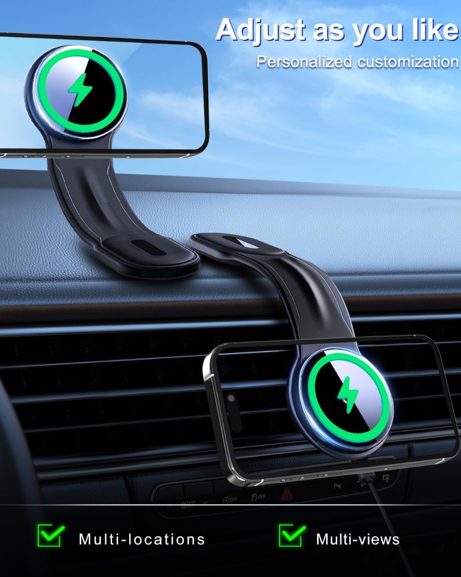 MagSafe Wireless Car Charger with RGB LED & Flexible Mount