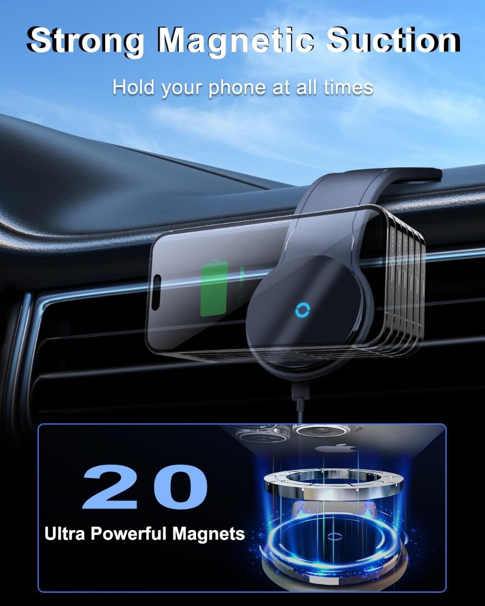 MagSafe Wireless Car Charger with RGB LED & Flexible Mount