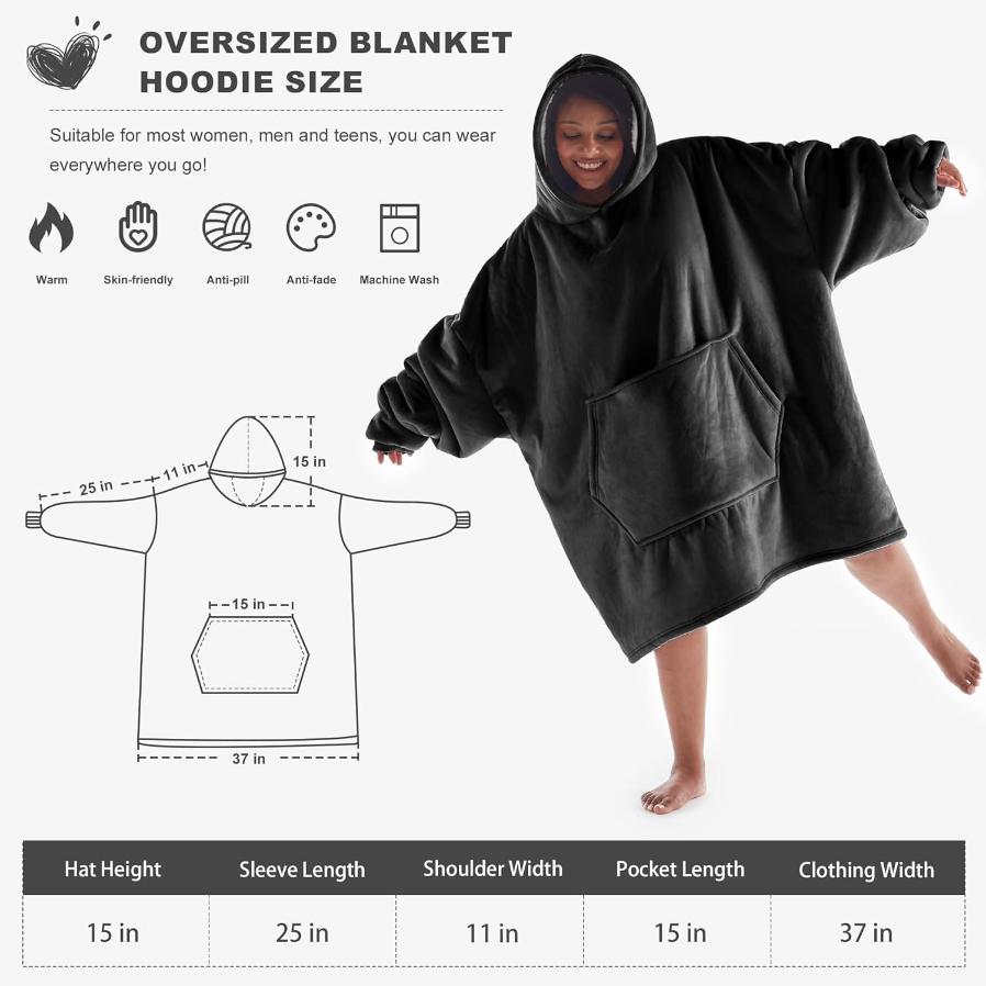 Blanket Hoodie – Oversized Blanket Hoodie with Pockets, One Size