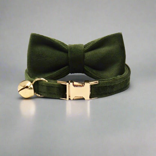 Kitten Bow Tie Collar - Soft Velvet Elegance for Your Feline Friend - PawsMartOnline Army Green / Large