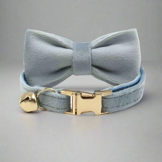 Kitten Bow Tie Collar - Soft Velvet Elegance for Your Feline Friend - PawsMartOnline Haze Blue / Large