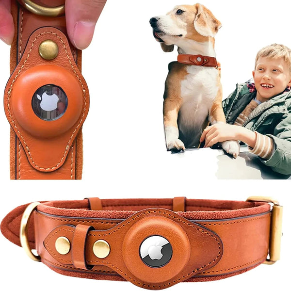 Genuine Leather Air Tag Dog Collar - Heavy Duty, Stylish, Secure - PawsMartOnline Brown / Small