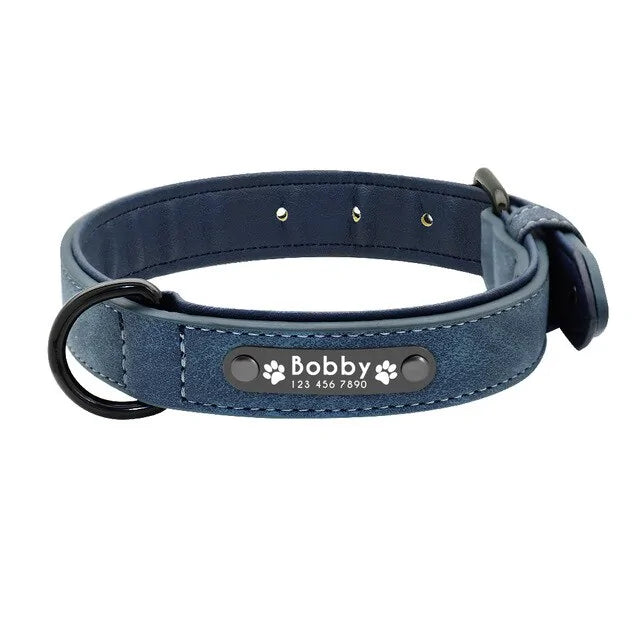 Custom Engraved Leather Dog Collar - Personalized with Your Pet's Name - PawsMartOnline Blue / Small