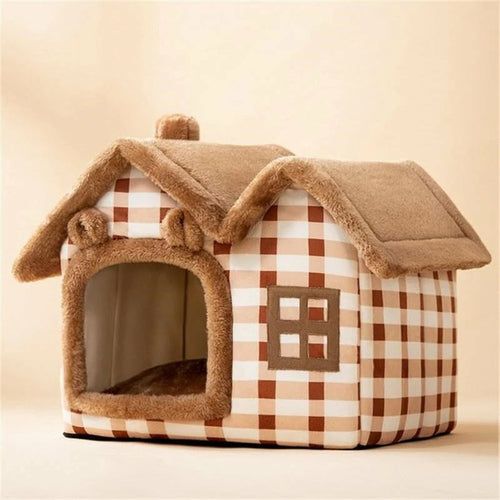 Cozy House-Shaped Cat Bed with Soft PP Cotton Filling - PawsMartOnline Pets S / Brown