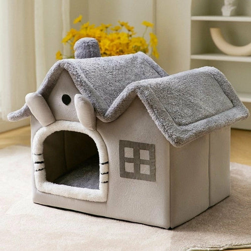 Cozy House-Shaped Cat Bed with Soft PP Cotton Filling - PawsMartOnline Pets S / Gray