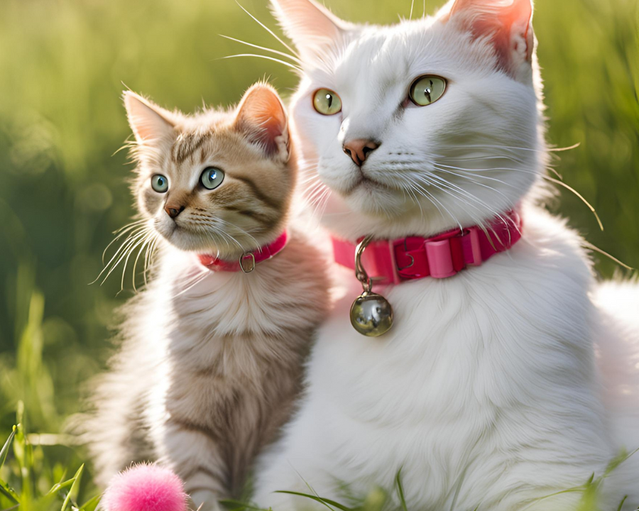 white cat wearing a pink collar sitting next to a dark color kitten wearing a small pink collar