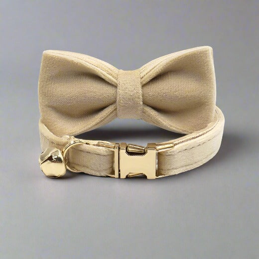 Kitten Bow Tie Collar - Soft Velvet Elegance for Your Feline Friend - PawsMartOnline Almond / Large