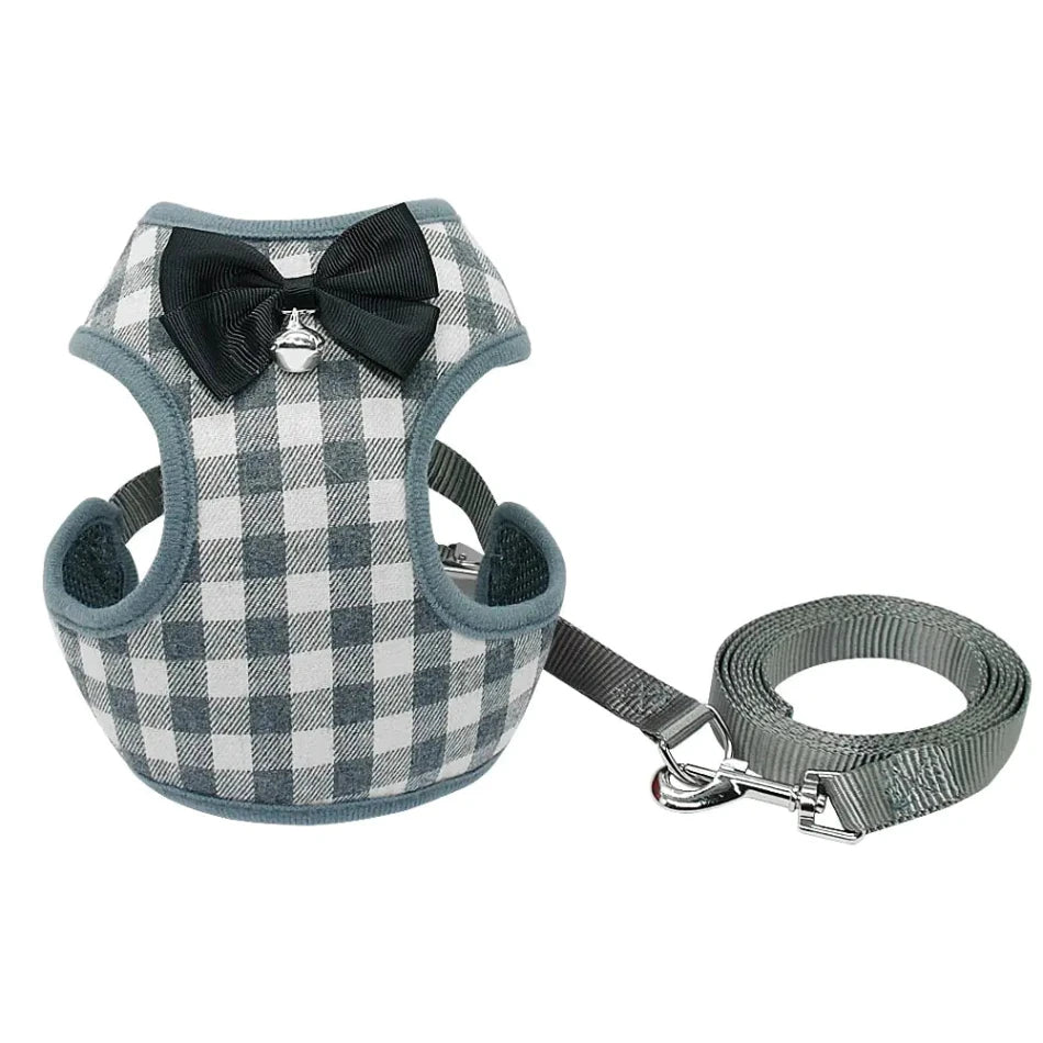 Bowknot Mesh Padded Dog Harness and Leash Set – Stylish, Breathable - PawsMartOnline Gray / Small